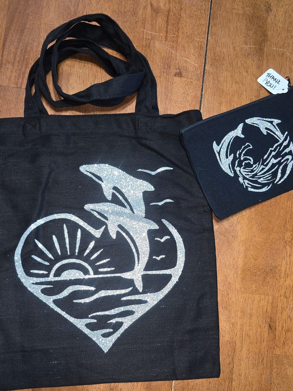 Black Heavy Canvas Tote Bag with Silver Dolphin Heart Design